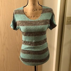 Teal and grey striped maternity short sleeve